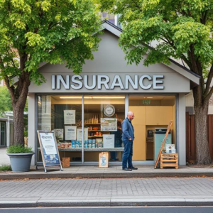 there is an insurance banner and a man 